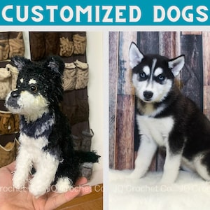 May include: The image showcases two dog portraits. On the left, a crocheted black, white, and tan dog figurine is displayed. On the right, a live black and white husky puppy with striking blue eyes is featured. The text "CUSTOMIZED DOGS" is at the top.