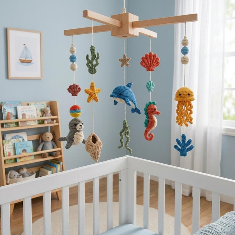 May include: A nursery mobile featuring a wooden cross frame with hanging crocheted sea creatures including a dolphin, seahorse, jellyfish, seal, starfish, and various shells in blue, orange, yellow, and green yarn, suspended by white strings.