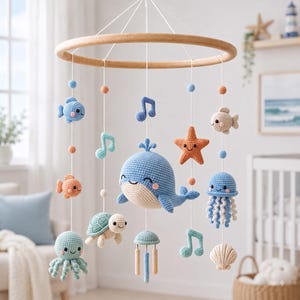 May include: A nursery mobile featuring a circular wooden frame with hanging crocheted sea creatures including a blue whale, a green turtle, an octopus, a jellyfish, fish, a starfish, a seashell, and musical notes in shades of blue and orange.