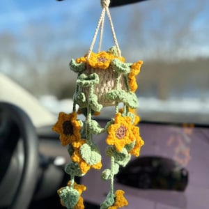Crochet sunflower pot, crochet hanging pot for car, crochet sunflower, car mirror hanging accessories, crochet sunflower, gift for her