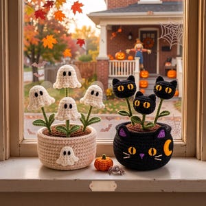 Halloween Crochet Flower Pot Decor, Spooky Cute Fall Shelf Desk Decoration