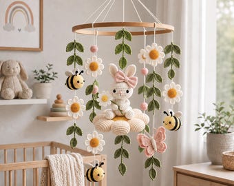Gehaakte babymobiel, konijnen- en bijenmobiel voor de babykamer, bloemenmobiel voor de wieg, decoratie voor de babykamer van een meisje, boho kraamcadeau, kraamcadeau