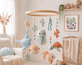 Oceaan gehaakte baby mobiel, onder de zee wieg mobiel, handgemaakte kinderkamer mobiel, zee dier kinderkamer decor, babyshower cadeau, babykamer decor