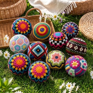 May include: A collection of colorful, handcrafted crochet balls in various patterns and designs. The balls feature vibrant hues of pink, orange, yellow, blue, and green, arranged in geometric and floral motifs. They are displayed on a bed of green grass with daisies.