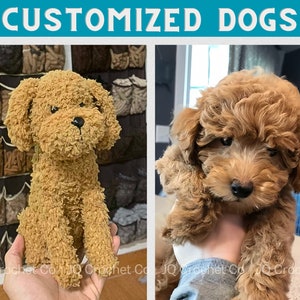 May include: The image showcases a handcrafted, tan-colored crochet dog next to a real puppy. The crochet dog has a textured appearance, with a black nose and eyes. The puppy has soft, curly, light brown fur. The text "CUSTOMIZED DOGS" is at the top.