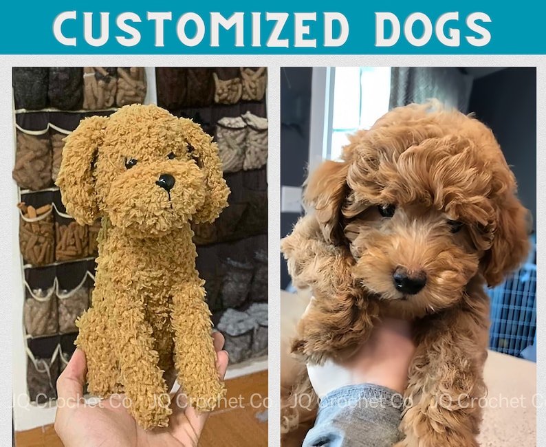 May include: The image showcases a handcrafted, tan-colored crochet dog next to a real puppy. The crochet dog has a textured appearance, with a black nose and eyes. The puppy has soft, curly, light brown fur. The text "CUSTOMIZED DOGS" is at the top.
