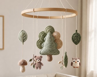 Woodland Crochet Baby Mobile, Forest Nursery Crib Mobile, Handmade Baby Shower Gift, Neutral Nursery Decor