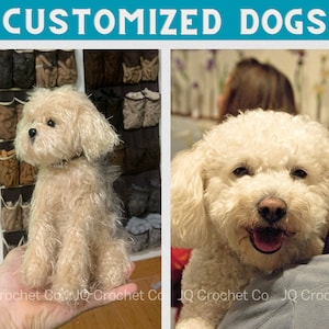 May include: Two crocheted dogs, one sitting and one lying down, both with white fur and black eyes. The dogs are both smiling and have pink noses. The image is titled "Customized Dogs".