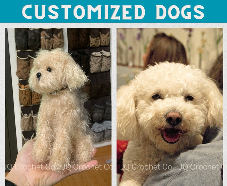 May include: The image showcases two dogs. On the left, a beige, plush dog sits, wearing a black collar. The right side features a close-up of a white dog with a happy expression. The text "CUSTOMIZED DOGS" is at the top.