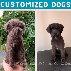 May include: The image showcases two dog portraits. The left features a brown, shaggy, crocheted dog. The right shows a black dog with a short haircut. The text "CUSTOMIZED DOGS" is at the top. The bottom of the image has the text "JQ Crochet Co".