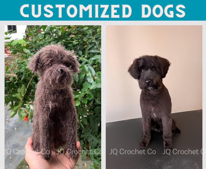 May include: The image showcases two dog portraits. The left features a brown, shaggy, crocheted dog. The right shows a black dog with a short haircut. The text "CUSTOMIZED DOGS" is at the top. The bottom of the image has the text "JQ Crochet Co".