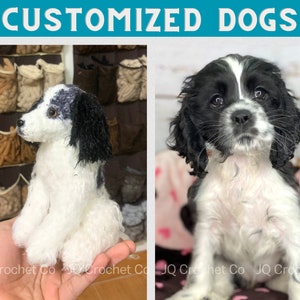 May include: The image showcases two dog portraits. One is a handmade crochet dog with white, black, and gray details. The other is a live black and white Cocker Spaniel puppy. The text "CUSTOMIZED DOGS" is at the top.