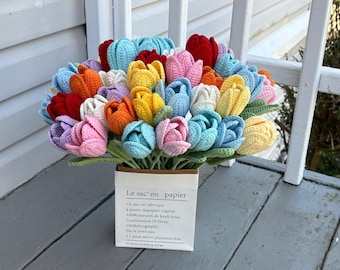 Könnte beinhalten: Ein Strauß gehäkelter Tulpen in verschiedenen Farben, darunter Pink, Blau, Gelb und Rot, in einer weißen Papiertüte mit dem Aufdruck "Le sac en papier".