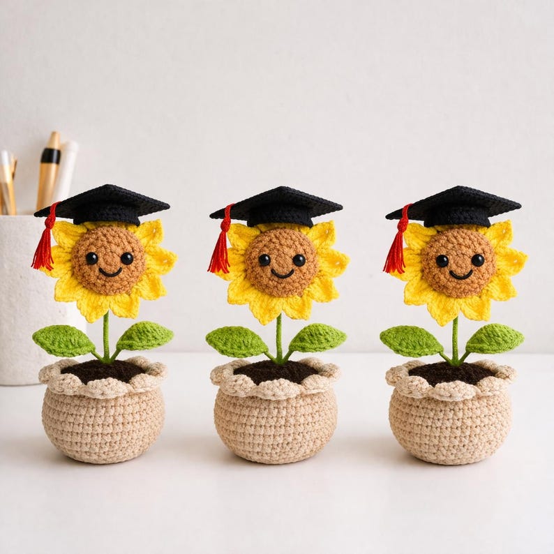 Puede incluir: Tres girasoles de ganchillo hechos a mano en macetas beige, cada uno con un birrete negro con borla roja. Los girasoles tienen p&eacute;talos amarillos, centros marrones, hojas verdes y caras sonrientes. Un regalo de graduaci&oacute;n encantador y caprichoso.