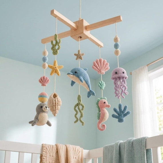 Handmade Crochet Sea Animals Crib Mobile: Ocean Baby Mobile, Crochet Sea Animals, Custom Nursery Decor, Sea Animals Baby Shower Gift