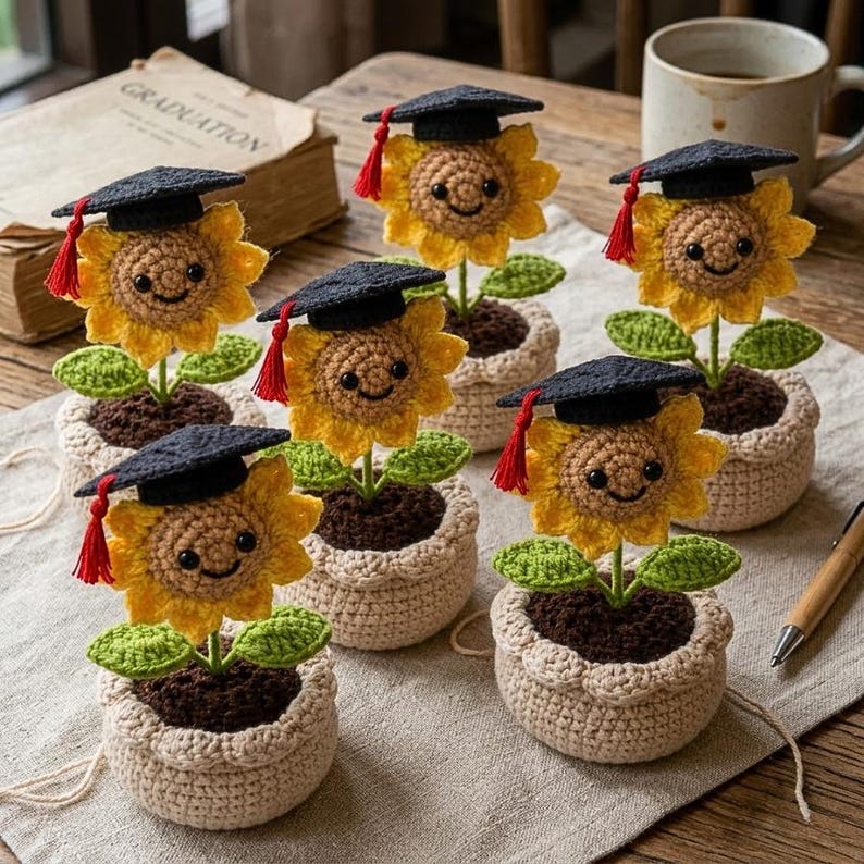 Puede incluir: Girasoles de ganchillo con gorros de graduaci&oacute;n y borlas rojas, plantados en peque&ntilde;as macetas de ganchillo beige. Los girasoles tienen caras sonrientes y hojas verdes.
