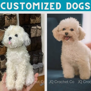 May include: The image showcases two dogs, one a crocheted white dog with a pink tongue, and the other a real dog. The text "CUSTOMIZED DOGS" is at the top. The crocheted dog is sitting in front of a wall organizer. The real dog is sitting on a blue couch.
