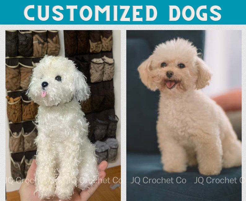 May include: The image showcases two dogs, one a crocheted white dog with a pink tongue, and the other a real dog. The text "CUSTOMIZED DOGS" is at the top. The crocheted dog is sitting in front of a wall organizer. The real dog is sitting on a blue couch.