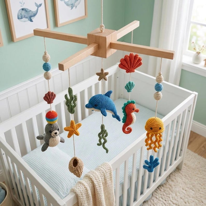 May include: A wooden baby mobile featuring crocheted sea creatures including a blue dolphin, orange seahorse, yellow jellyfish, and gray seal. The mobile includes various crocheted shells, starfish, and seaweed elements suspended from a light wood frame.