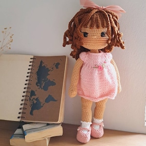 14'' crochet doll with customized outfit, amigurumi doll brown hair doll, personalized doll, crochet doll for sale, crochet doll dress