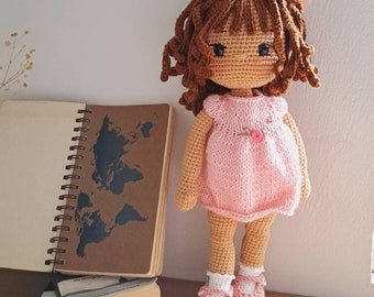 14'' crochet doll with customized outfit, amigurumi doll brown hair doll, personalized doll, crochet doll for sale, crochet doll dress