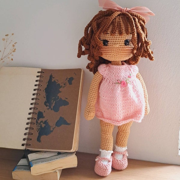 14'' crochet doll with customized outfit, amigurumi doll brown hair doll, personalized doll, crochet doll for sale, crochet doll dress