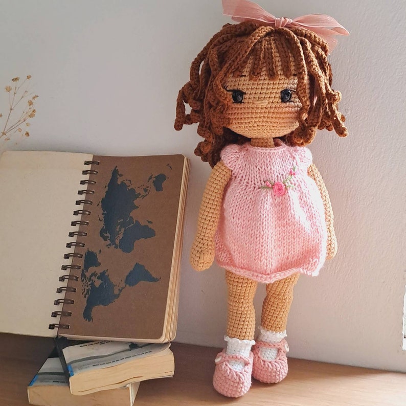 14'' crochet doll with customized outfit, amigurumi doll brown hair doll, personalized doll, crochet doll for sale, crochet doll dress image 1
