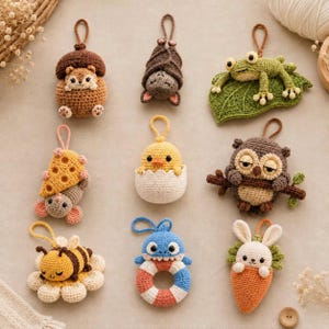 May include: A collection of handmade crochet ornaments in various animal shapes. Includes a squirrel, bat, frog, turtle, chick, owl, bee, shark, and bunny. Each ornament features detailed stitching and a loop for hanging. The ornaments are in shades of brown, green, yellow, and blue.