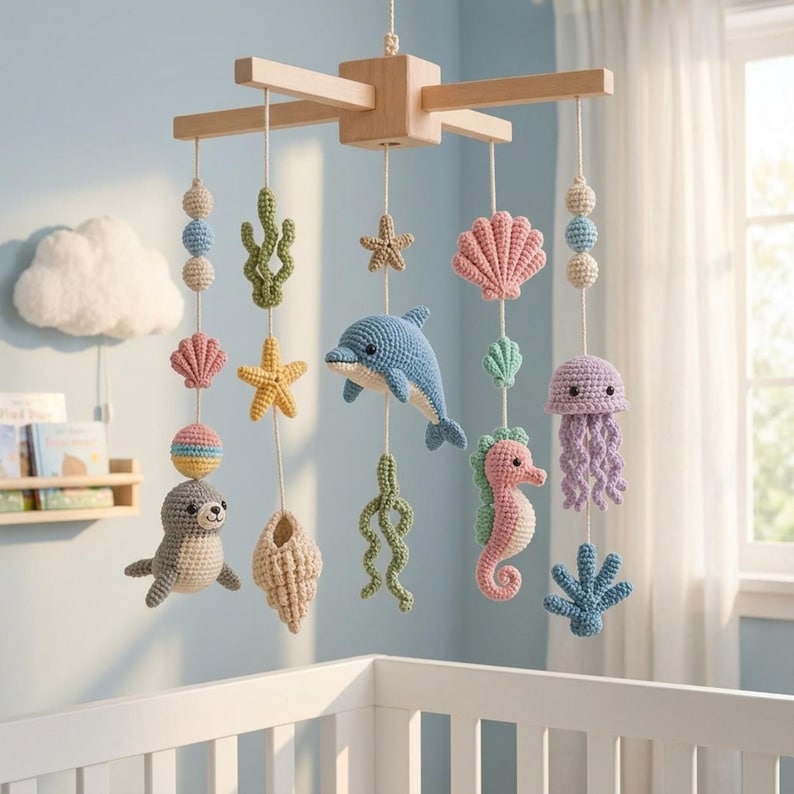 May include: A hanging mobile featuring crocheted sea creatures including a dolphin, seahorse, seal, jellyfish, starfish, and seashells suspended from a wooden cross frame with white strings and colorful wooden beads.
