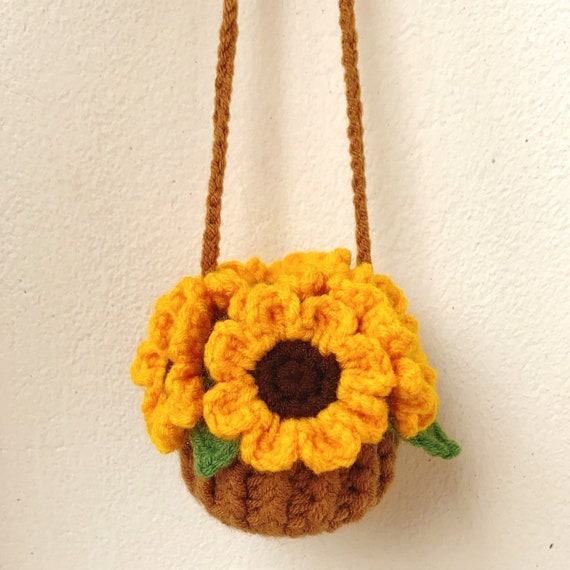 Crochet Sunflower Basket, Crochet Car Plant, Rearview Mirror