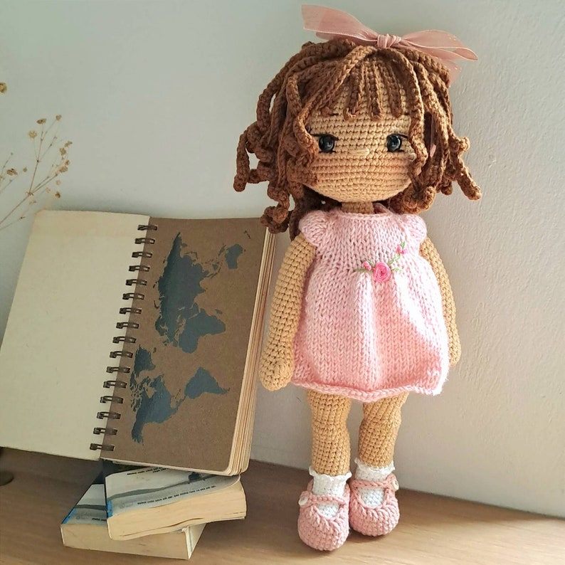 14'' crochet doll with customized outfit, amigurumi doll brown hair doll, personalized doll, crochet doll for sale, crochet doll dress image 2