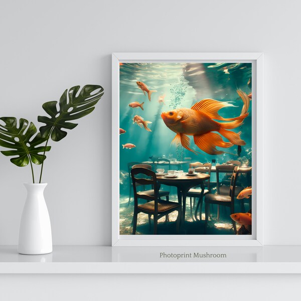 Goldfish in Underwater Cafe. Interior Decor. Aquatic Life. Immediate Print. Kitchen Decoration. Coffee Art. Digital Print.