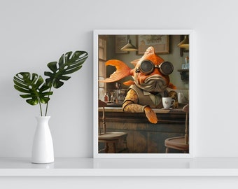 Goldfish in Cafe. Digital Prints. Interior Decoration. Coffee Time. Wall Design. Ocean Life. Immediate Download.