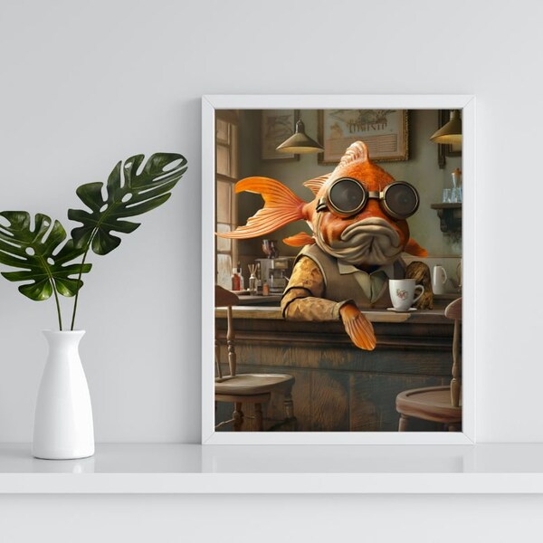 Goldfish in Cafe. Digital Prints. Interior Decoration. Coffee Time. Wall Design. Ocean Life. Immediate Download.