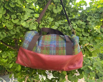 Recycling Reisetasche aus altem Sofaleder und Harris Tweed, nachhaltiger Weekender