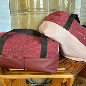 Recycling Reisetasche aus altem Sofaleder und Harris Tweed, nachhaltiger Weekender