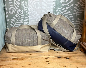 Nachhaltige Recycling Reisetasche aus altem Sofaleder und Harris Tweed, Weekender