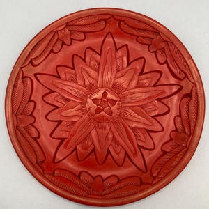 Carved Cinnabar Saucer Dish Chrysanthemum Flower 4&quot; Decorative Plate Trinket Dish