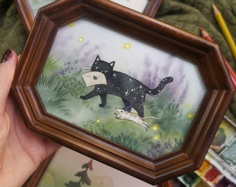 ORIGINAL artwork "Could you please hurry up" - Ready framed in vintage frame, watercolor painting, illustration cat and rat