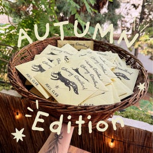 May include: A round woven wicker basket filled with light tan envelopes. Each envelope features a black graphic of a fox with stars and the text Whimsy Woodland Mail Club. The image includes the text AUTUMN EDITION in large cream-coloured letters.