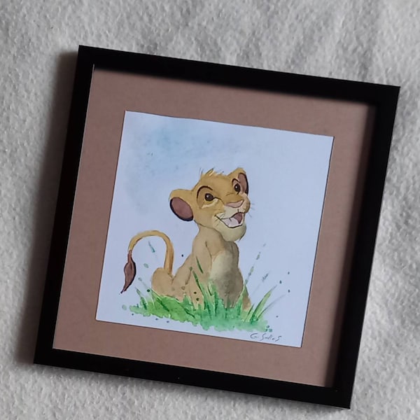 Cadre déco pour chambre d'enfant "Simba Le Roi Lion" à l'aquarelle encadré sous verre