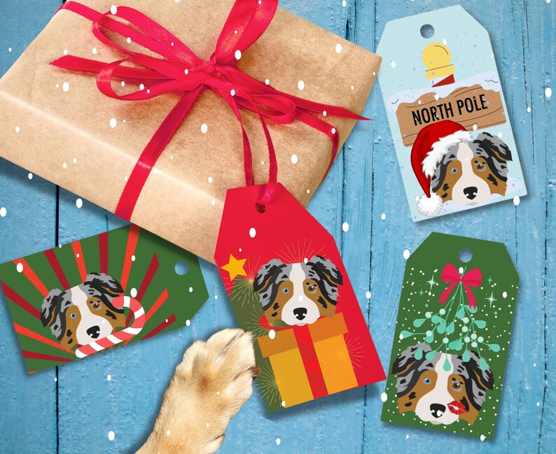 Printable AUSTRALIAN SHEPHERD Dog Christmas Gift Tags, Holiday, Doggie