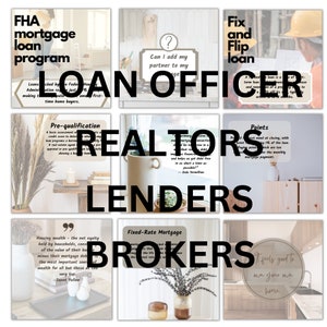 Op de afbeelding: Een collage van afbeeldingen met tekst over vastgoeddiensten. De tekst bevat "Loan Officer", "Realtors", "Lenders", "Brokers", "FHA mortgage loan program", "Fix and Flip loan", "Pre-qualification", "Points", "Fixed-Rate Mortgage".