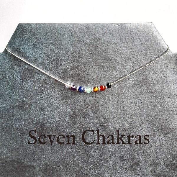 Dainty 925 Sterling Silver Crystal Healing Choker Necklace "Seven Chakras" with 7 Chakra Stones, Spiritual Meaning Card, 2" Extender Chain