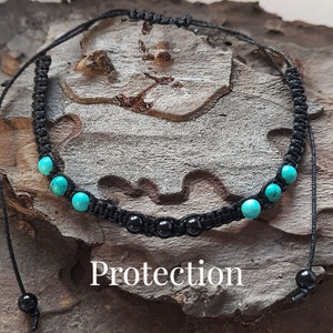 Dainty Black Onyx and Turquoise Handmade Crystal Healing Gemstone Bracelet  for "Protection" with Spiritual Meaning Card, Minimalist UK made