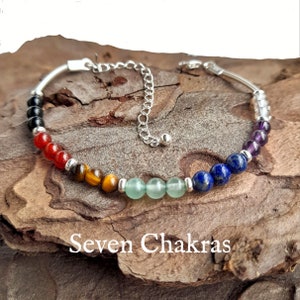 Dainty 925 Sterling Silver Crystal Healing Bracelet "Seven Chakras" with the 7 Chakra Stones, Spiritual Meaning Card, 2" Extender Chain