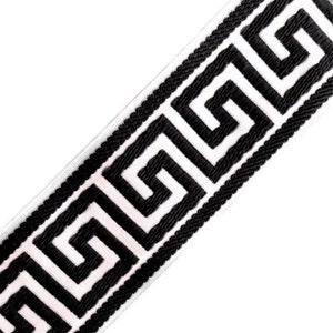 May include: Black and white trim with a Greek key pattern. The trim is woven with a raised design.