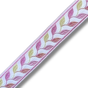 May include: White trim with a pink and gold leaf design. This trim is perfect for adding a touch of elegance to any project.
