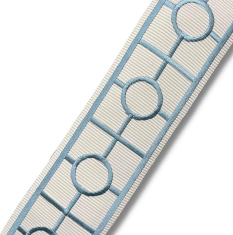 Designer Trim By The Yard Fretwork chain link Print embroidered 2.5 light blue off white , Drapery Craft Upholstery, Pillows Decor ST01-05 image 1