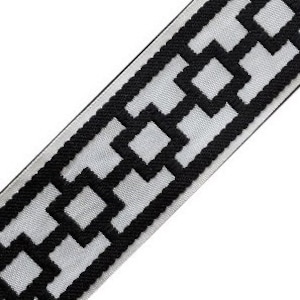 Designer Trim By The Yard Caroline Geometric Jacquard 2.15” Drapery Craft Upholstery Pillows Decor LF02-02 Black on TRUE WHITE